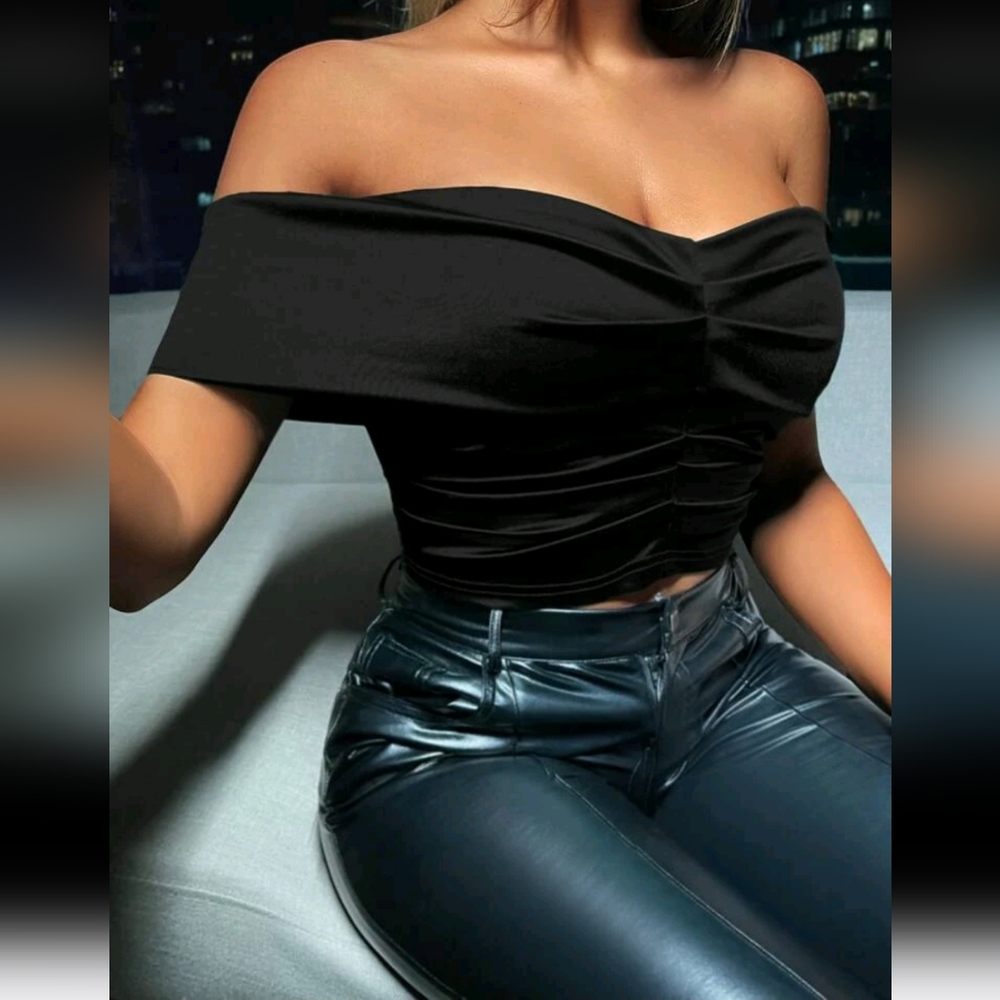 Off Shoulder Ruched Satin Top - Picture 2 of 6